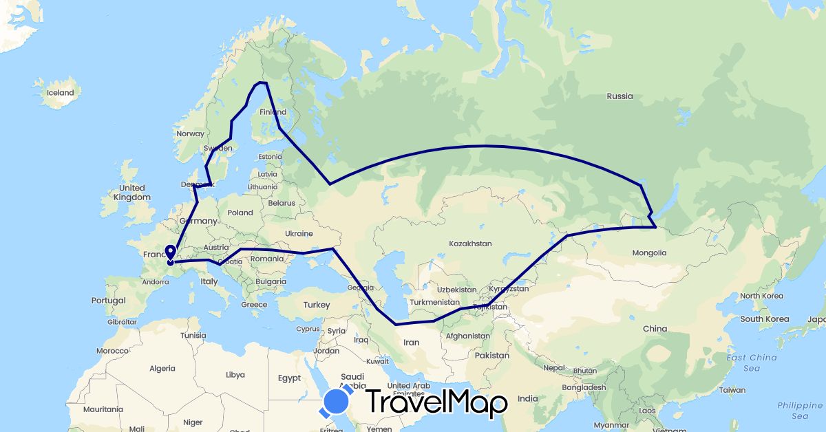 TravelMap itinerary: driving in Germany, Denmark, Finland, France, Georgia, Croatia, Hungary, Iran, Italy, Kazakhstan, Mongolia, Russia, Sweden, Tajikistan, Turkmenistan, Ukraine (Asia, Europe)